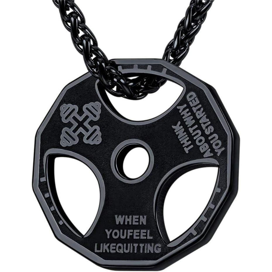 imageU7 Men Women Fitness Dumbbell Necklace Stainless Steel Weight Plate Barbell Chain Pendant NecklaceChain 22quot2quot Extender with Gift BoxAWeight Plate Black