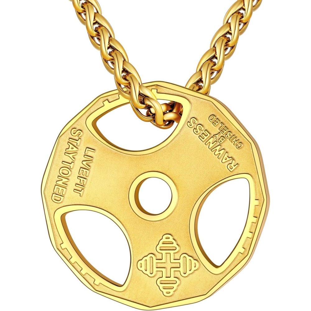 imageU7 Men Women Fitness Dumbbell Necklace Stainless Steel Weight Plate Barbell Chain Pendant NecklaceChain 22quot2quot Extender with Gift BoxAWeight Plate Gold
