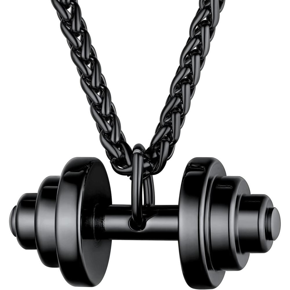 imageU7 Men Women Fitness Dumbbell Necklace Stainless Steel Weight Plate Barbell Chain Pendant NecklaceChain 22quot2quot Extender with Gift BoxBBarbbell Black