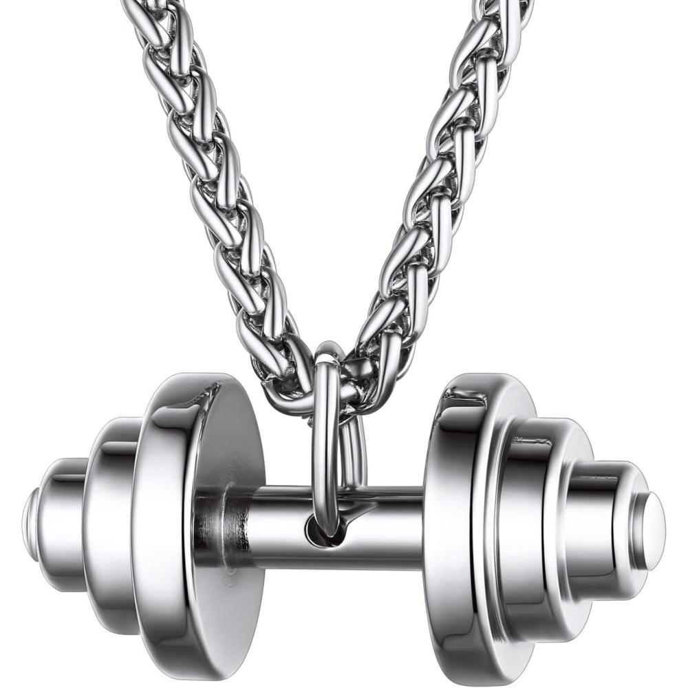imageU7 Men Women Fitness Dumbbell Necklace Stainless Steel Weight Plate Barbell Chain Pendant NecklaceChain 22quot2quot Extender with Gift BoxBBarbbell Stainless