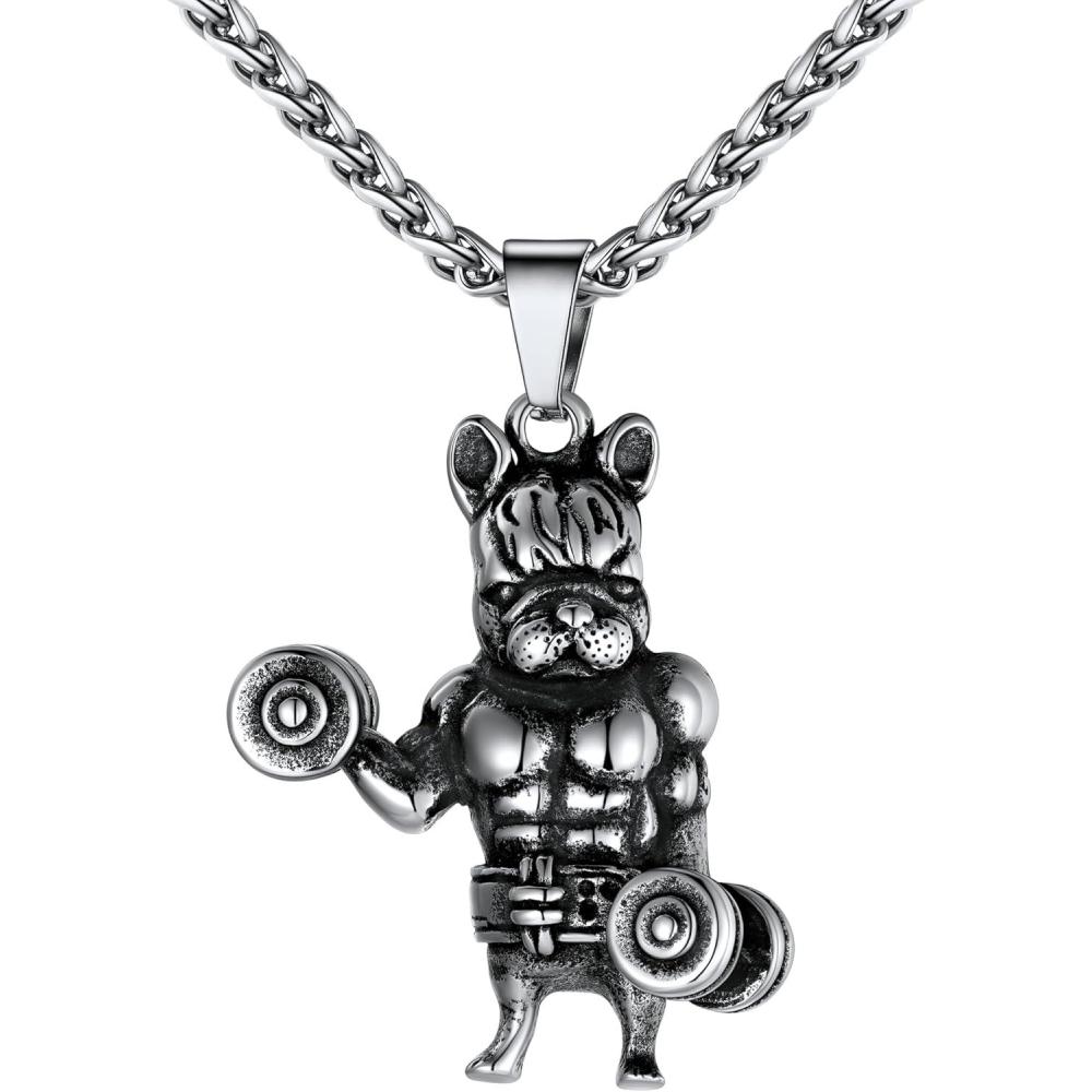 imageU7 Men Women Fitness Dumbbell Necklace Stainless Steel Weight Plate Barbell Chain Pendant NecklaceChain 22quot2quot Extender with Gift BoxESport Bulldog Stainless