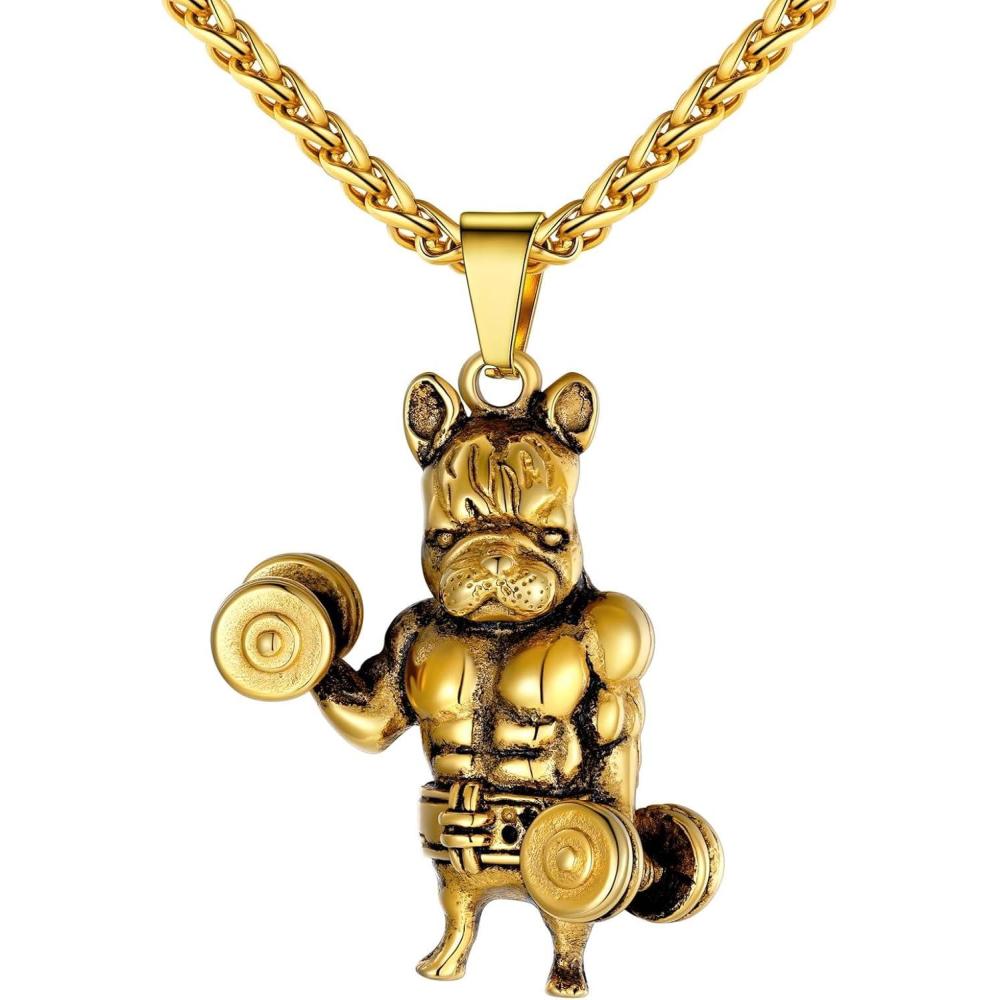 imageU7 Men Women Fitness Dumbbell Necklace Stainless Steel Weight Plate Barbell Chain Pendant NecklaceChain 22quot2quot Extender with Gift BoxESport Bulldog Gold