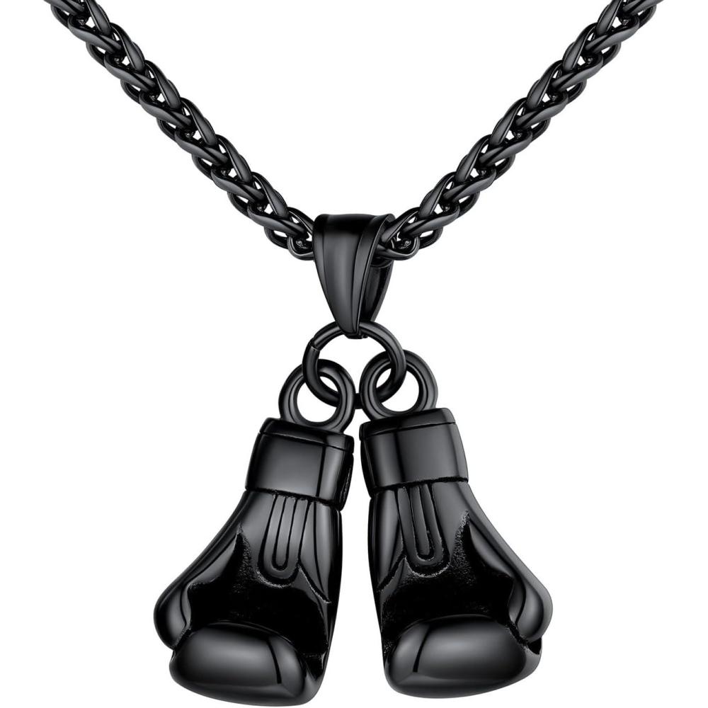 imageU7 Men Women Fitness Dumbbell Necklace Stainless Steel Weight Plate Barbell Chain Pendant NecklaceChain 22quot2quot Extender with Gift BoxFBlack Boxing Gloves