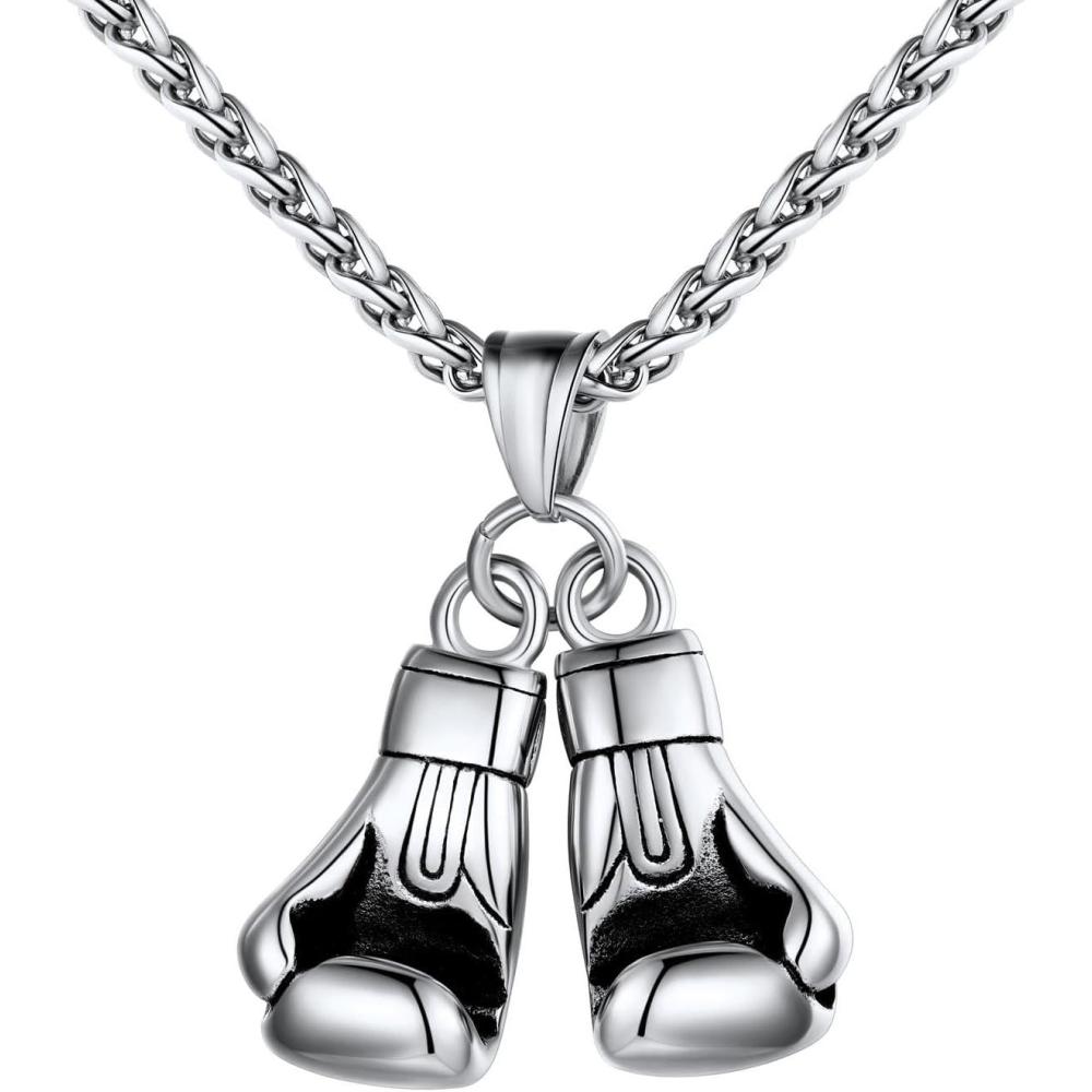 imageU7 Men Women Fitness Dumbbell Necklace Stainless Steel Weight Plate Barbell Chain Pendant NecklaceChain 22quot2quot Extender with Gift BoxFSilver Boxing Gloves