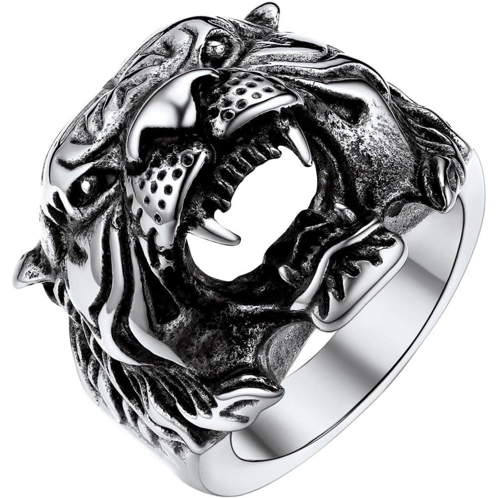 imageU7 Mens Animal Rings Stainless Steel Punk Rock Biker Gift DragonTiger Head Ring GoldSilverBlack Color01TigerStainless Steel