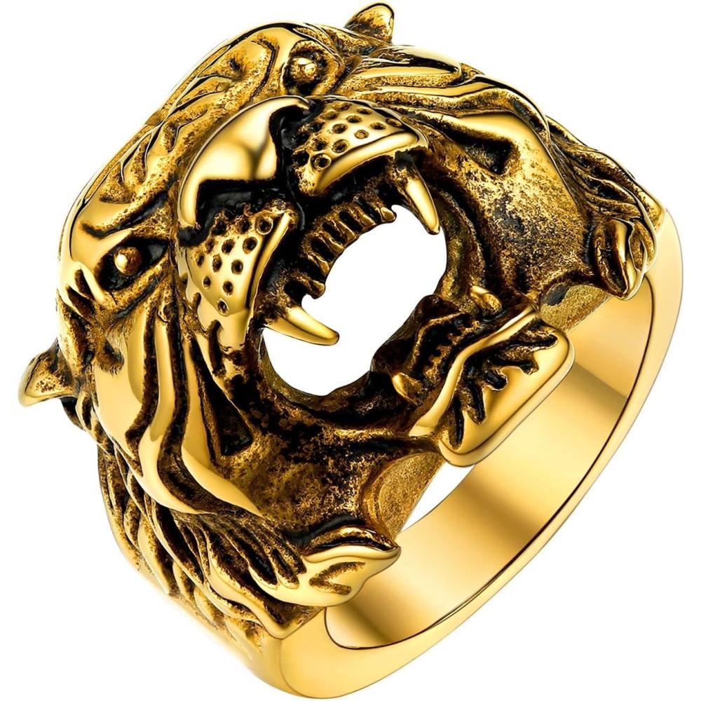 imageU7 Mens Animal Rings Stainless Steel Punk Rock Biker Gift DragonTiger Head Ring GoldSilverBlack Color02TigerGold