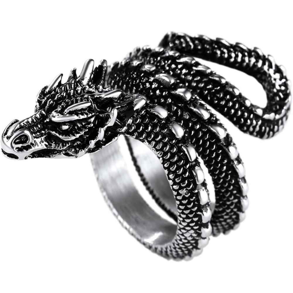 imageU7 Mens Animal Rings Stainless Steel Punk Rock Biker Gift DragonTiger Head Ring GoldSilverBlack Color04Full DragonSilver Black