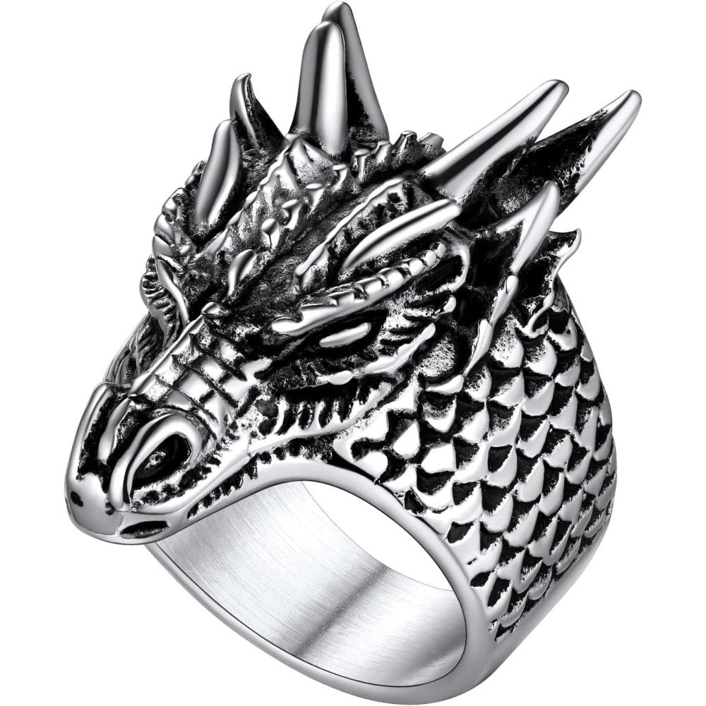 imageU7 Mens Animal Rings Stainless Steel Punk Rock Biker Gift DragonTiger Head Ring GoldSilverBlack Color05DragonStainless Steel