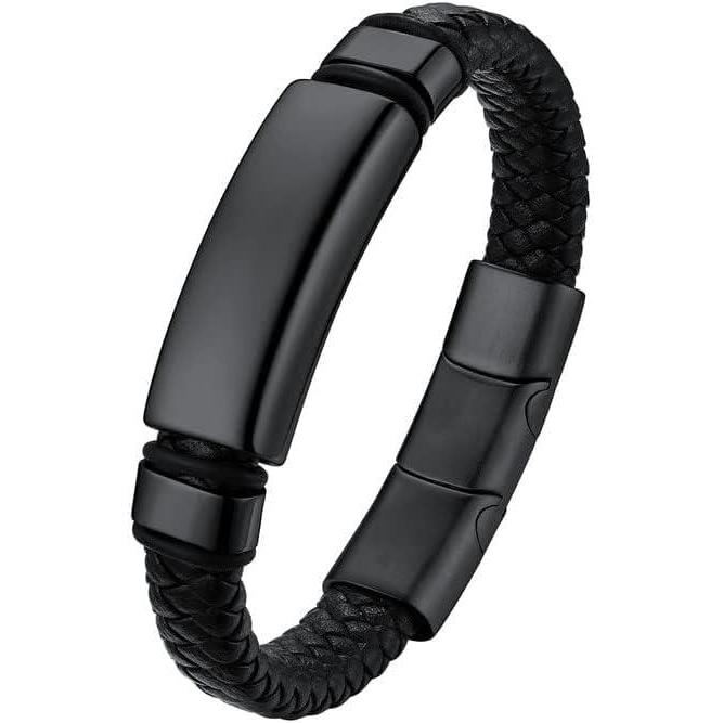 imageU7 Mens Leather Bracelet with Stainless Steel Clasp Leather Cuff Bracelet in Skull or Wrap Style Black Bracelets for HusbandaPlainBlack