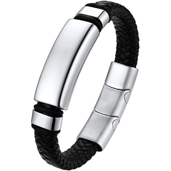 imageU7 Mens Leather Bracelet with Stainless Steel Clasp Leather Cuff Bracelet in Skull or Wrap Style Black Bracelets for HusbandbPlainSteel