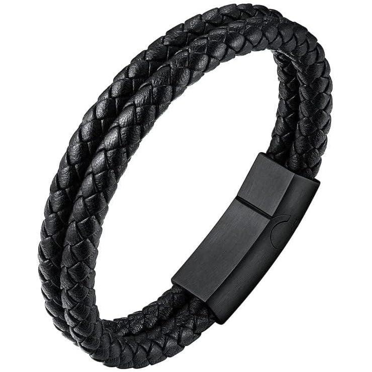 imageU7 Mens Leather Bracelet with Stainless Steel Clasp Leather Cuff Bracelet in Skull or Wrap Style Black Bracelets for HusbandeLayeredBlack