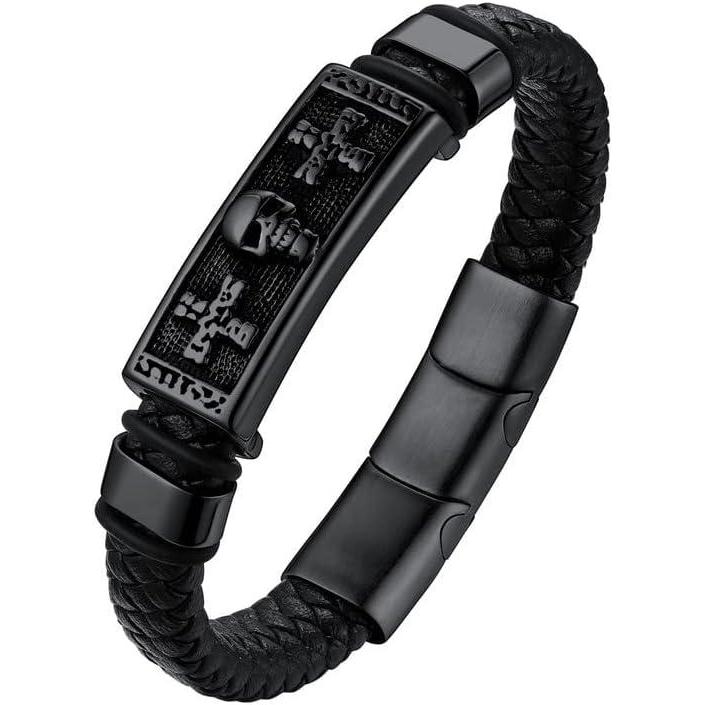 imageU7 Mens Leather Bracelet with Stainless Steel Clasp Leather Cuff Bracelet in Skull or Wrap Style Black Bracelets for HusbandfGothic Cross SkullBlack