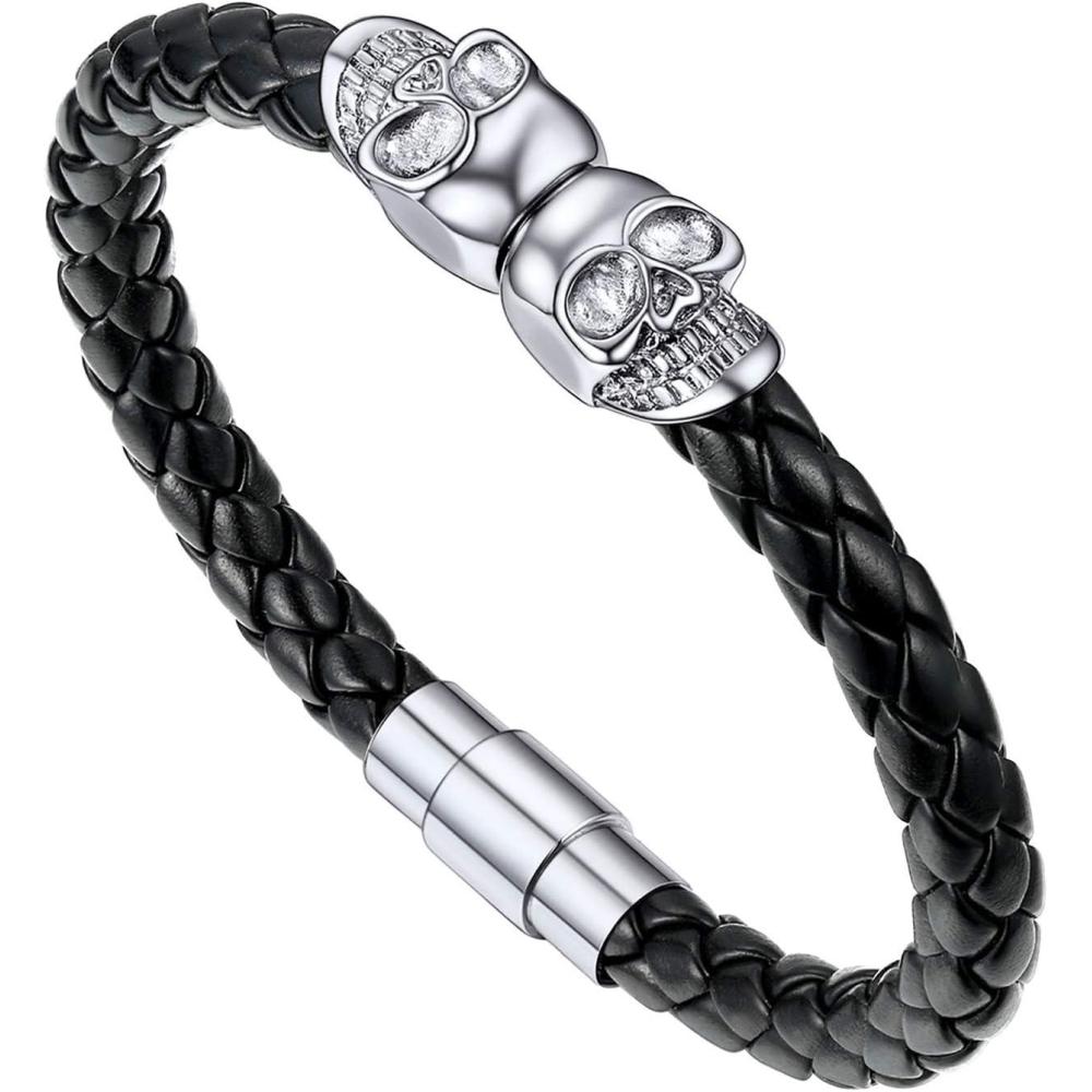 imageU7 Mens Leather Bracelet with Stainless Steel Clasp Leather Cuff Bracelet in Skull or Wrap Style Black Bracelets for HusbandiSkullStainless
