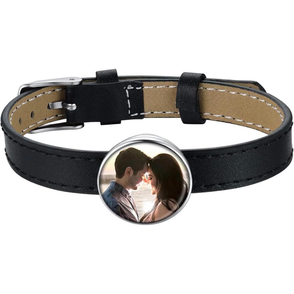 imageU7 Mens Leather Bracelet with Stainless Steel Clasp Leather Cuff Bracelet in Skull or Wrap Style Black Bracelets for HusbandnRound PhotoBlack Adjustable