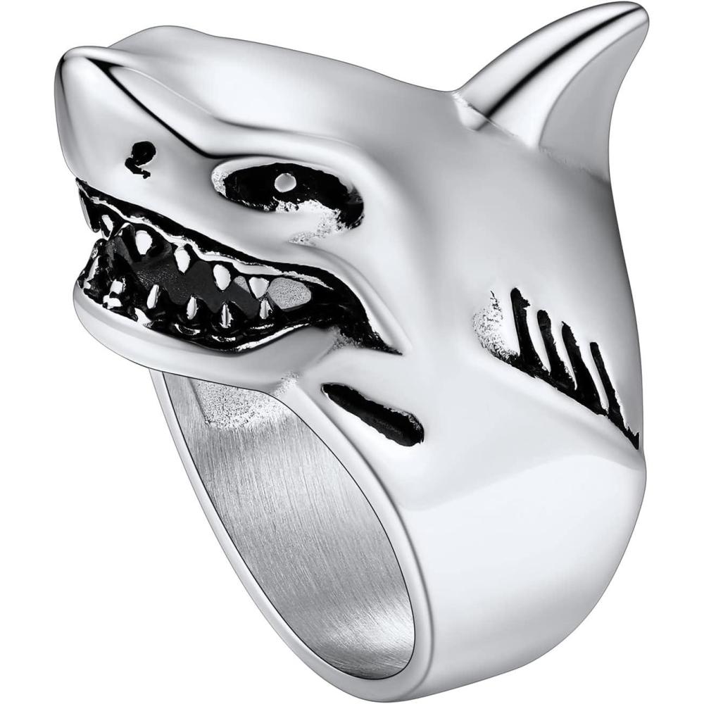 imageU7 Mens Punk Ring Stainless Steel Black Gold Color Signet Ring Cool Costume Rings with Gift BoxA SharkSteel