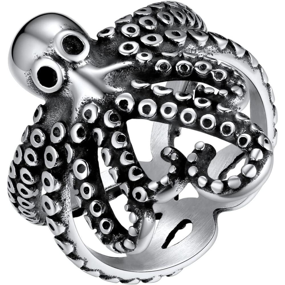 imageU7 Mens Punk Ring Stainless Steel Black Gold Color Signet Ring Cool Costume Rings with Gift BoxD OctopusSteel