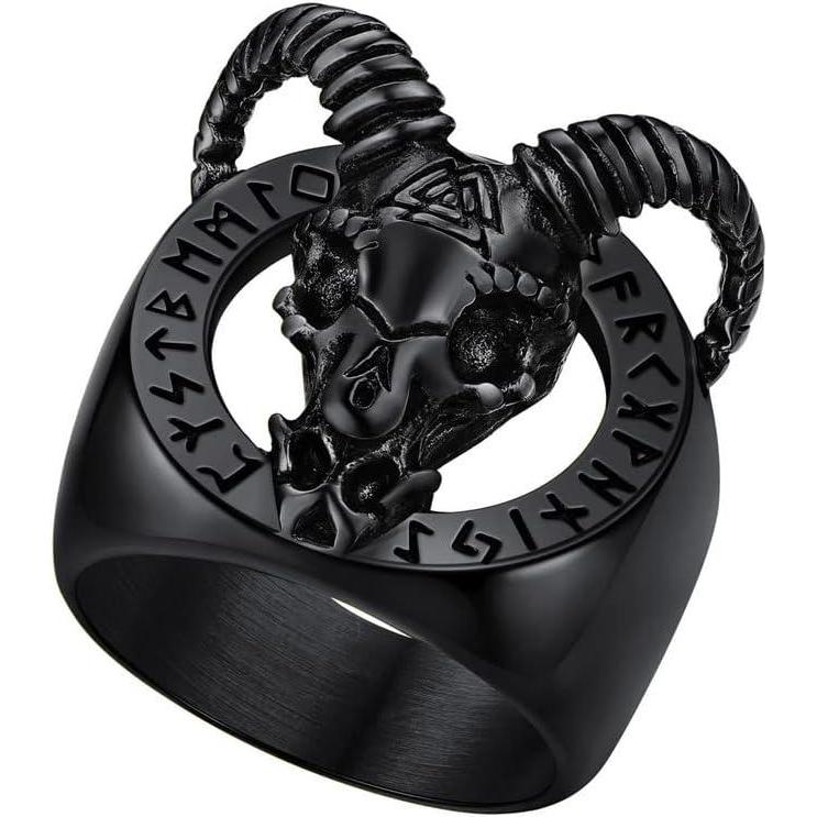 imageU7 Mens Punk Ring Stainless Steel Black Gold Color Signet Ring Cool Costume Rings with Gift BoxGoat HeadBlack