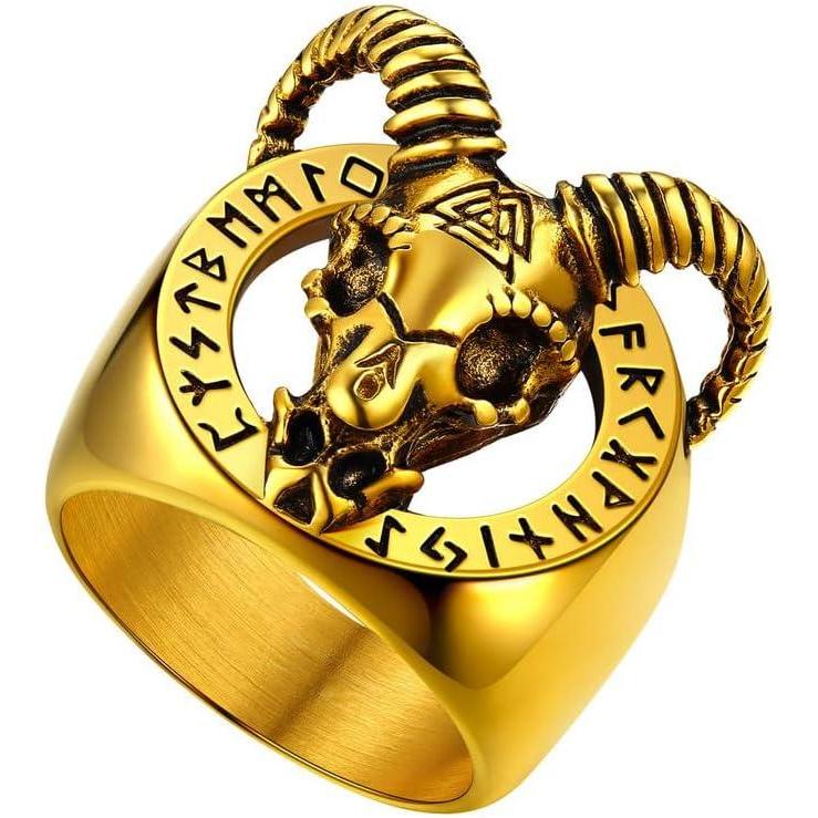 imageU7 Mens Punk Ring Stainless Steel Black Gold Color Signet Ring Cool Costume Rings with Gift BoxGoat HeadGold