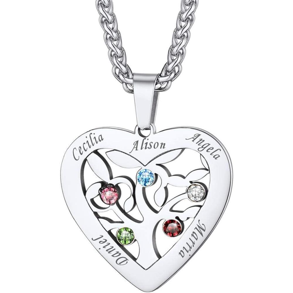imageU7 Mother Necklace Personalized Engrave Name Jewelry234567 Children Friend Family Names Necklace with Birthstone for Women GirlsPendant for Mom GrandmaWife03Heart Tree27 Name Birthstone
