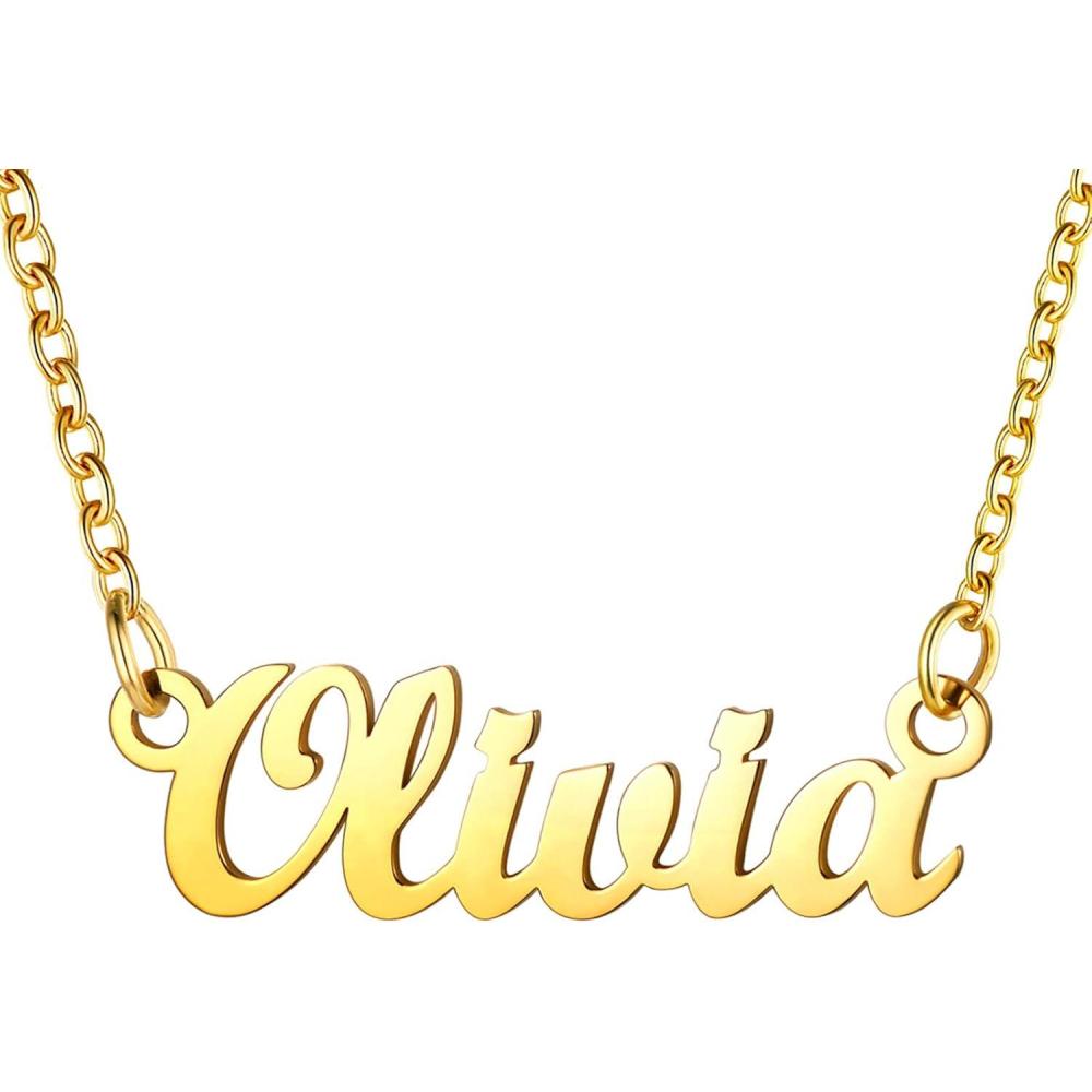imageU7 Name Necklace Personalized Stainless Steel 18K Gold Plated Nameplate Jewelry for Men Women Multiple Name Necklace Customized Initial Name Choker Necklace with Curb ChainOliviaGold Color