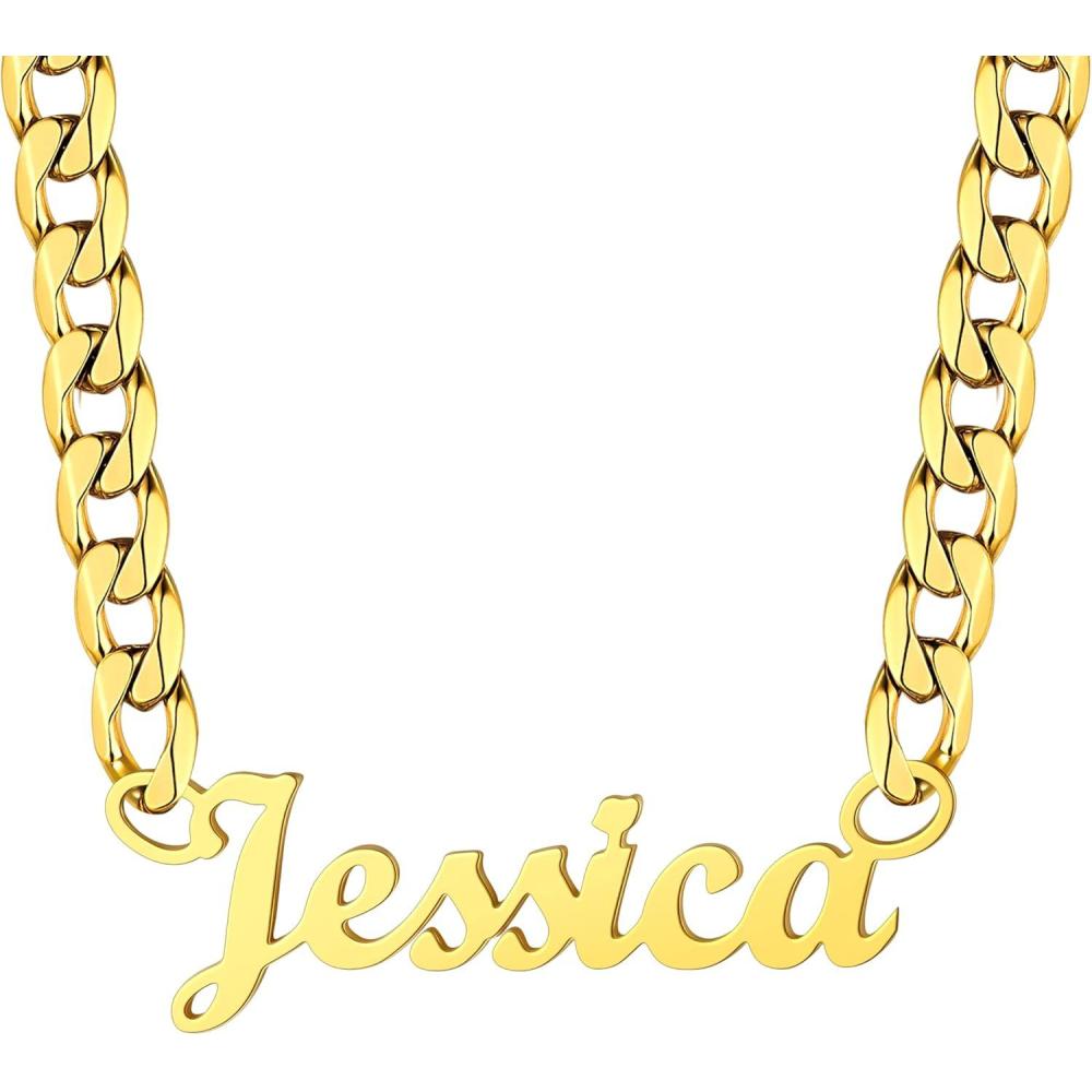 imageU7 Name Necklace Personalized Stainless Steel 18K Gold Plated Nameplate Jewelry for Men Women Multiple Name Necklace Customized Initial Name Choker Necklace with Curb Chain06Custom Gold Name w 6mm Cuban Chain