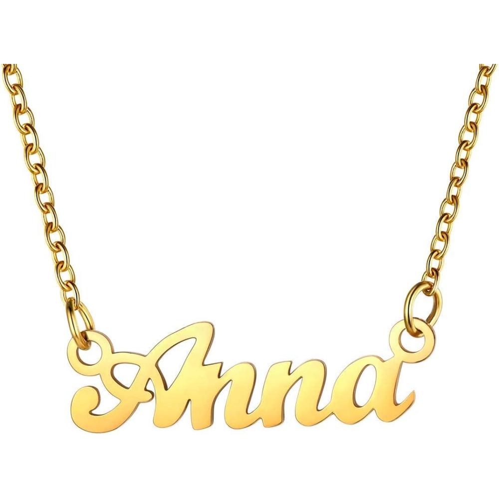 imageU7 Name Necklace Personalized Stainless Steel 18K Gold Plated Nameplate Jewelry for Men Women Multiple Name Necklace Customized Initial Name Choker Necklace with Curb ChainAnnaGold Color