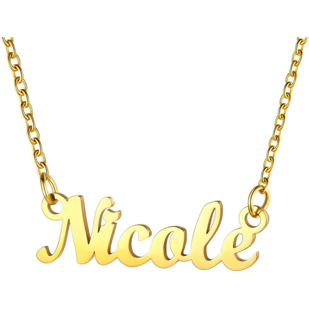 imageU7 Name Necklace Personalized Stainless Steel 18K Gold Plated Nameplate Jewelry for Men Women Multiple Name Necklace Customized Initial Name Choker Necklace with Curb ChainNicoleGold Color