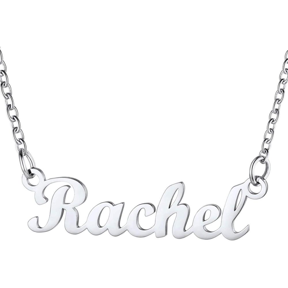 imageU7 Name Necklace Personalized Stainless Steel 18K Gold Plated Nameplate Jewelry for Men Women Multiple Name Necklace Customized Initial Name Choker Necklace with Curb ChainRachelStainless Color
