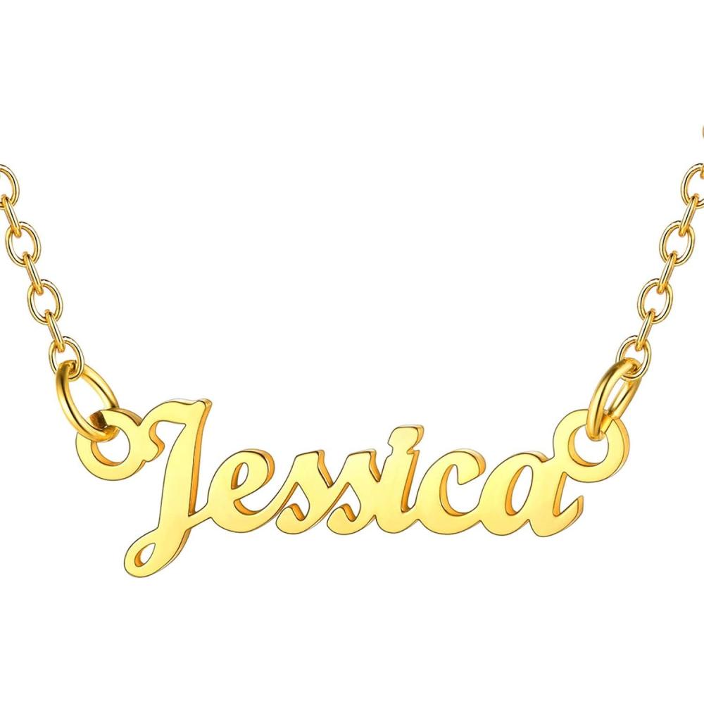 imageU7 Name Necklace Personalized Stainless Steel 18K Gold Plated Nameplate Jewelry for Men Women Multiple Name Necklace Customized Initial Name Choker Necklace with Curb ChainJessicaGold Color