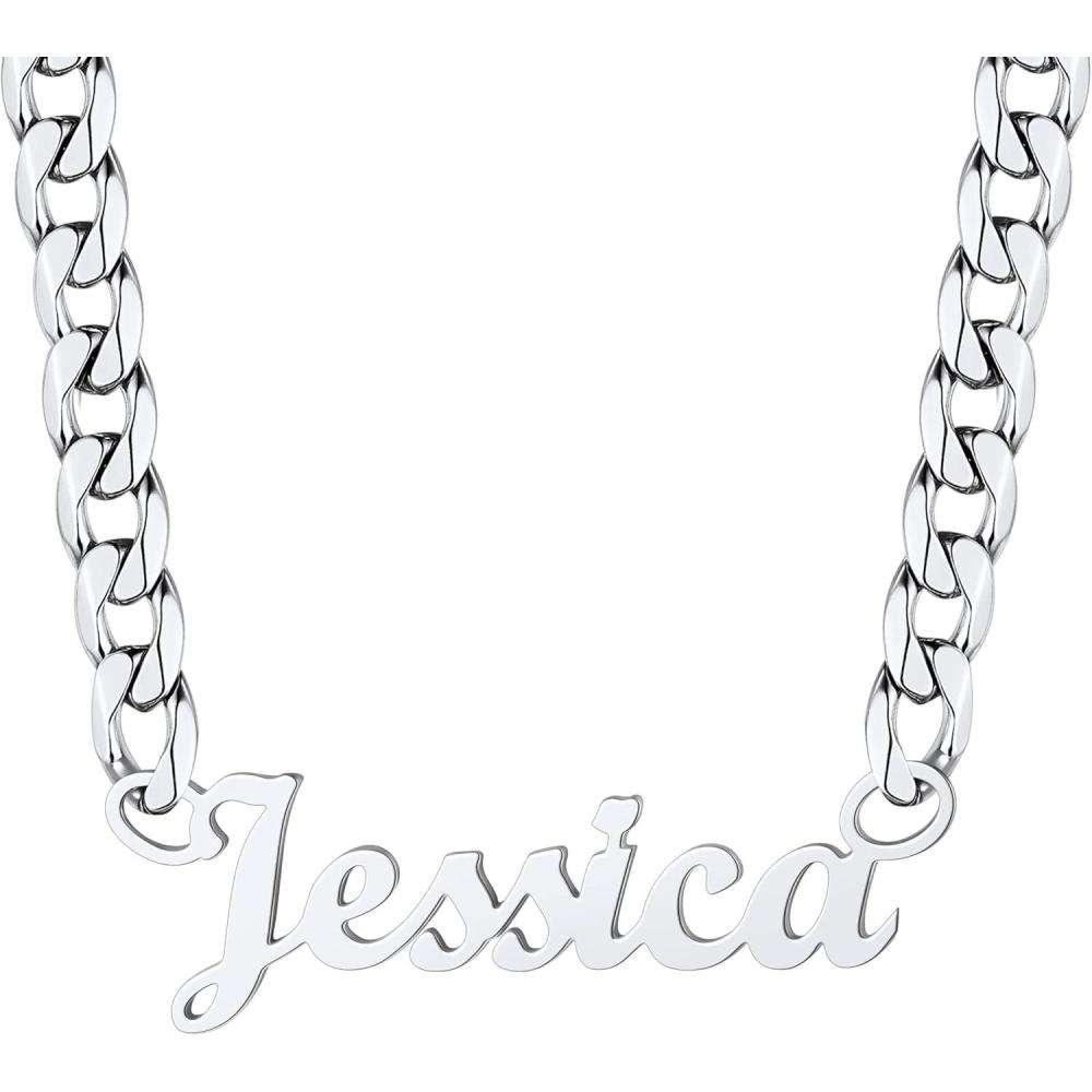 imageU7 Name Necklace Personalized Stainless Steel 18K Gold Plated Nameplate Jewelry for Men Women Multiple Name Necklace Customized Initial Name Choker Necklace with Curb Chain06Custom Silver Name w 6mm Cuban Chain