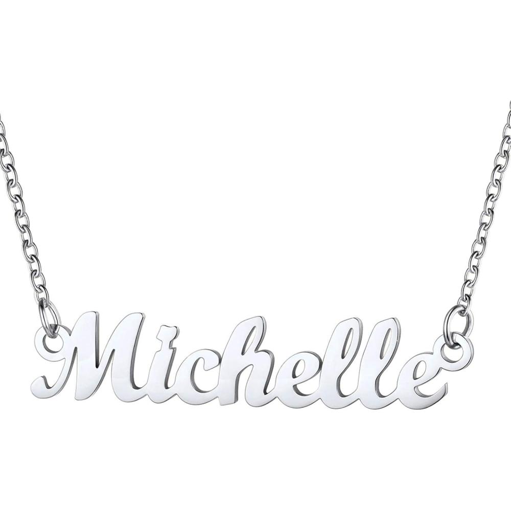 imageU7 Name Necklace Personalized Stainless Steel 18K Gold Plated Nameplate Jewelry for Men Women Multiple Name Necklace Customized Initial Name Choker Necklace with Curb ChainMichelleStainless Color