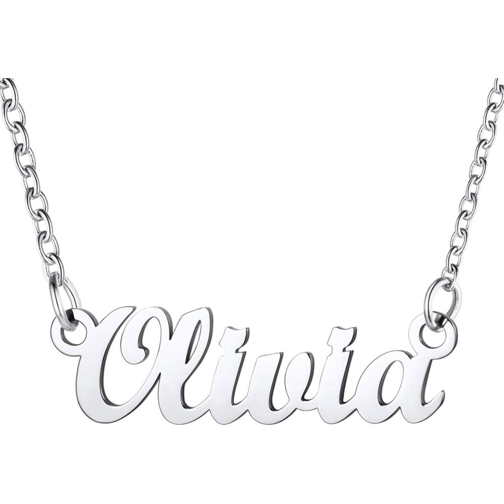 imageU7 Name Necklace Personalized Stainless Steel 18K Gold Plated Nameplate Jewelry for Men Women Multiple Name Necklace Customized Initial Name Choker Necklace with Curb ChainOliviaStainless Color