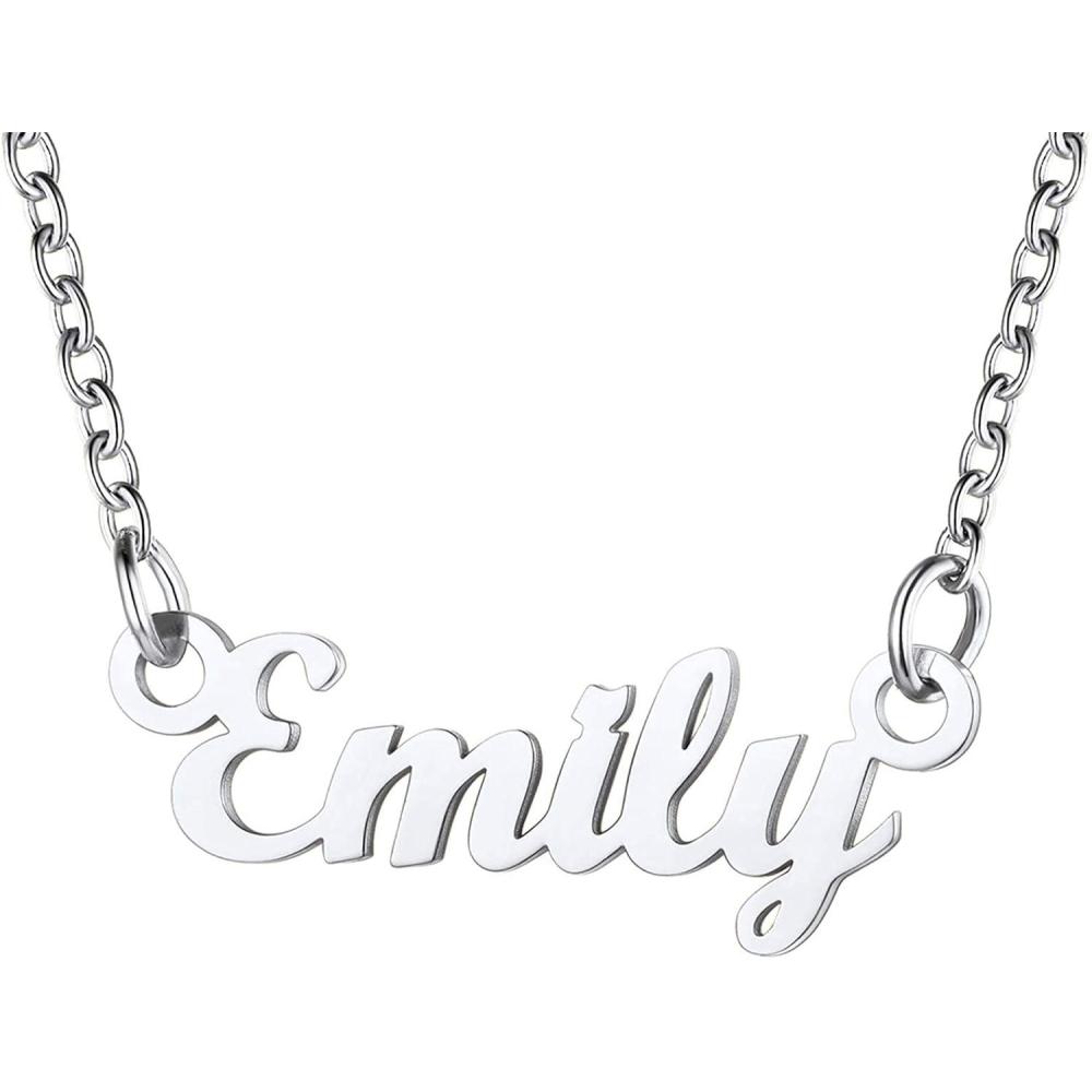 imageU7 Name Necklace Personalized Stainless Steel 18K Gold Plated Nameplate Jewelry for Men Women Multiple Name Necklace Customized Initial Name Choker Necklace with Curb ChainEmilyStainless Color