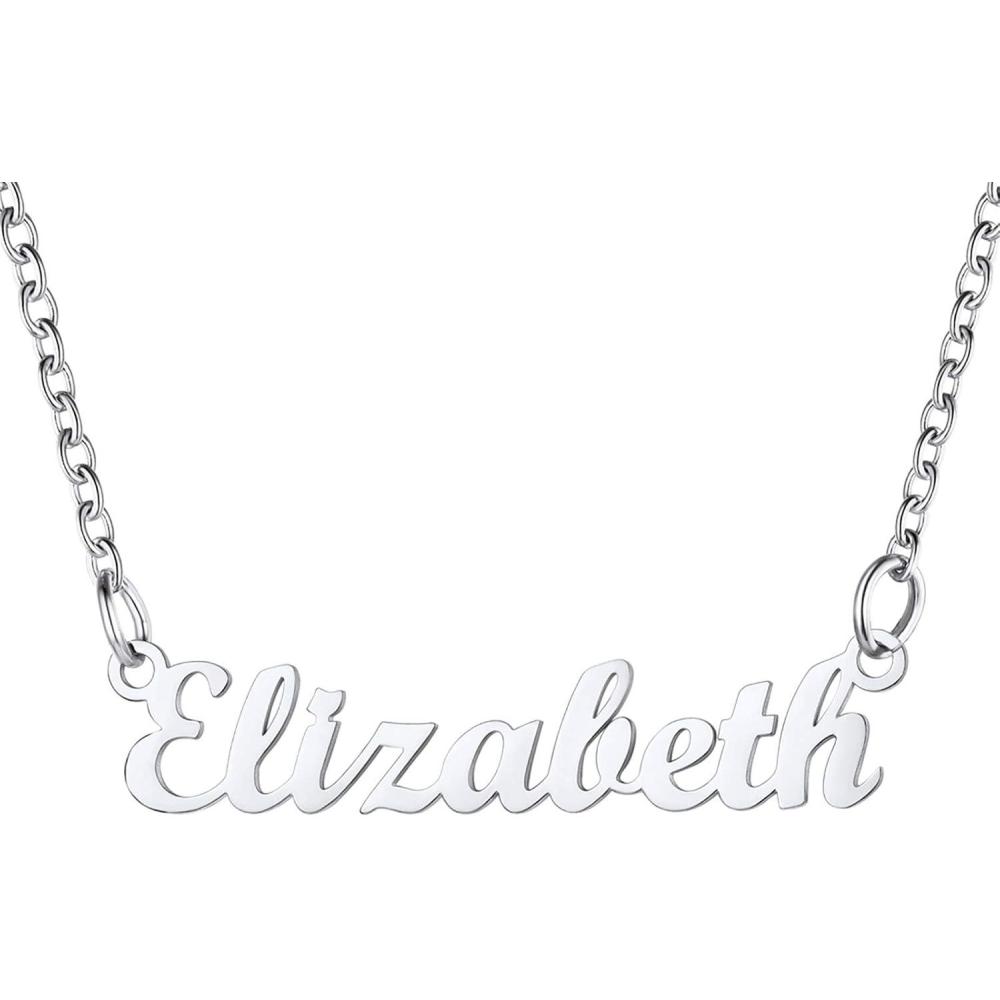 imageU7 Name Necklace Personalized Stainless Steel 18K Gold Plated Nameplate Jewelry for Men Women Multiple Name Necklace Customized Initial Name Choker Necklace with Curb ChainElizabethStainless Color