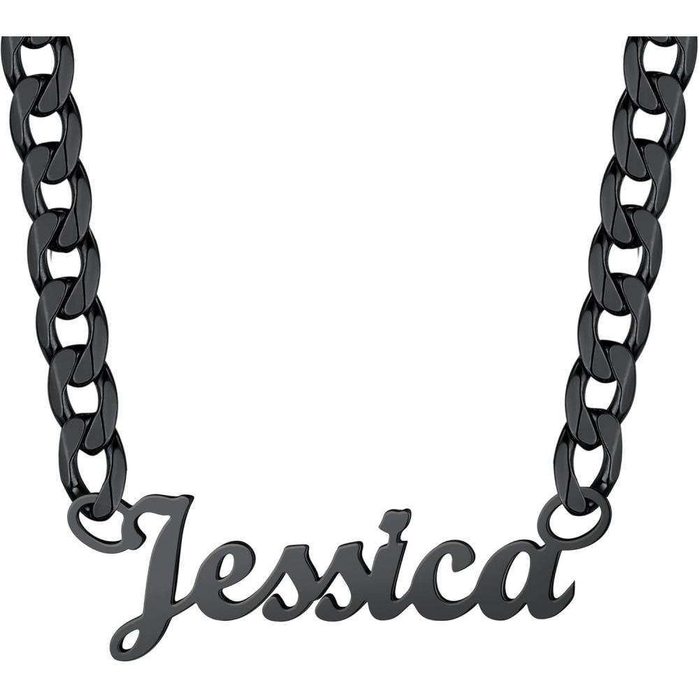 imageU7 Name Necklace Personalized Stainless Steel 18K Gold Plated Nameplate Jewelry for Men Women Multiple Name Necklace Customized Initial Name Choker Necklace with Curb Chain06Custom Black Name w 6mm Cuban Chain