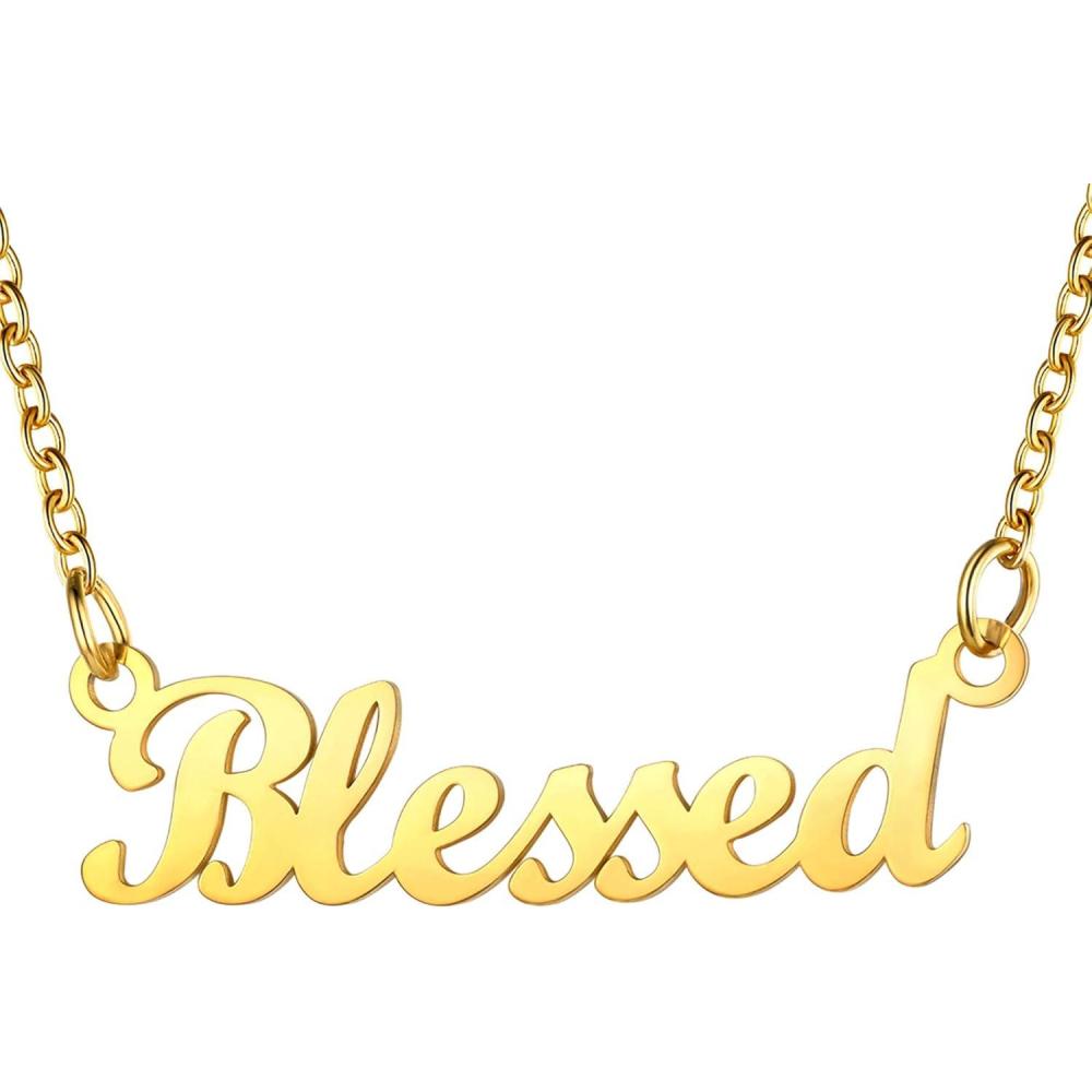 imageU7 Name Necklace Personalized Stainless Steel 18K Gold Plated Nameplate Jewelry for Men Women Multiple Name Necklace Customized Initial Name Choker Necklace with Curb ChainBlessedGold Color