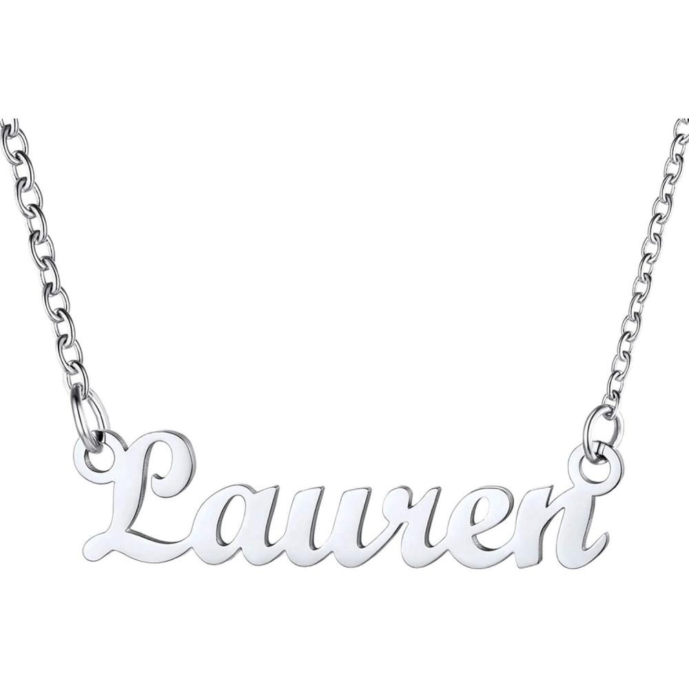 imageU7 Name Necklace Personalized Stainless Steel 18K Gold Plated Nameplate Jewelry for Men Women Multiple Name Necklace Customized Initial Name Choker Necklace with Curb ChainLaurenStainless Color