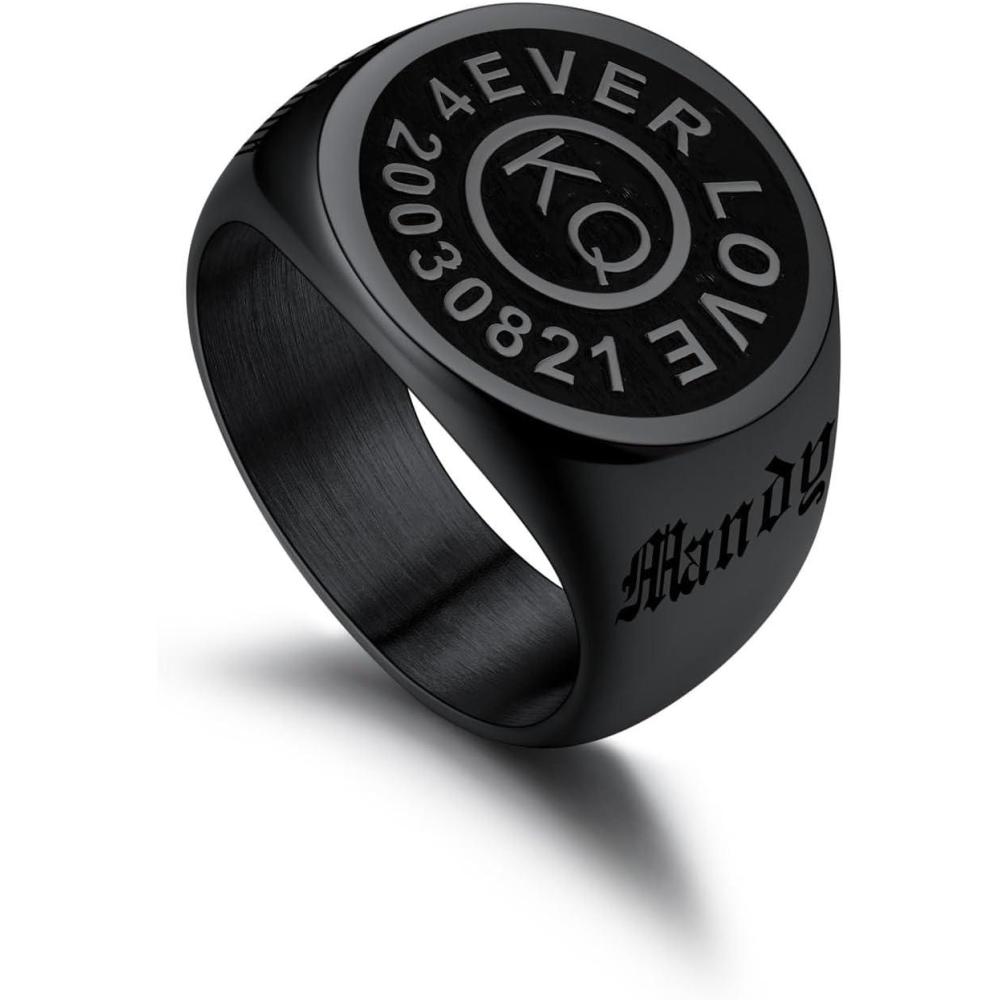 imageU7 Personalized Signet Rings for Men Women Stainless Steel18K Gold PlatedBlack Engraved Ring Custom Initial Ring Gifts for Boys Father01Black CircleBlack