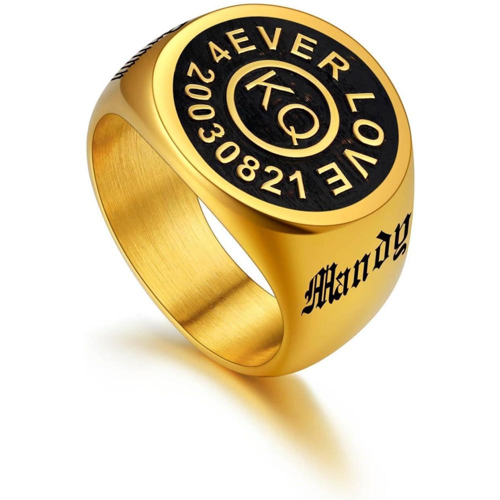 imageU7 Personalized Signet Rings for Men Women Stainless Steel18K Gold PlatedBlack Engraved Ring Custom Initial Ring Gifts for Boys Father01Black CircleGold