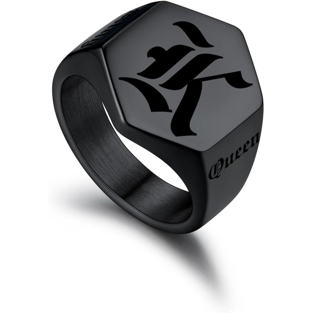 imageU7 Personalized Signet Rings for Men Women Stainless Steel18K Gold PlatedBlack Engraved Ring Custom Initial Ring Gifts for Boys Father02HexagonBlack