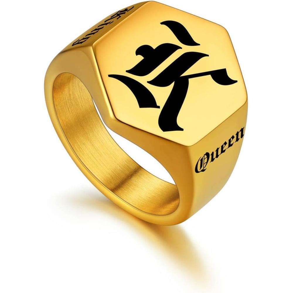 imageU7 Personalized Signet Rings for Men Women Stainless Steel18K Gold PlatedBlack Engraved Ring Custom Initial Ring Gifts for Boys Father02HexagonGold