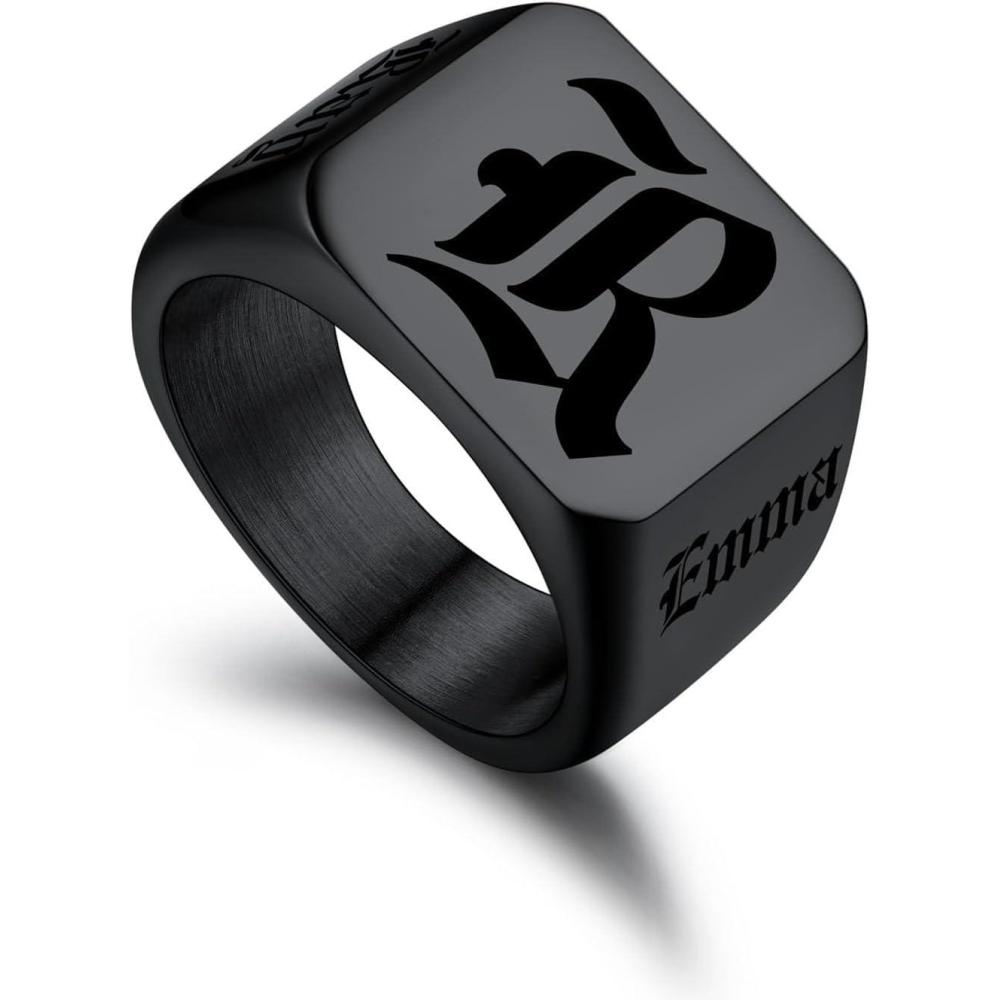 imageU7 Personalized Signet Rings for Men Women Stainless Steel18K Gold PlatedBlack Engraved Ring Custom Initial Ring Gifts for Boys Father03SquareBlack