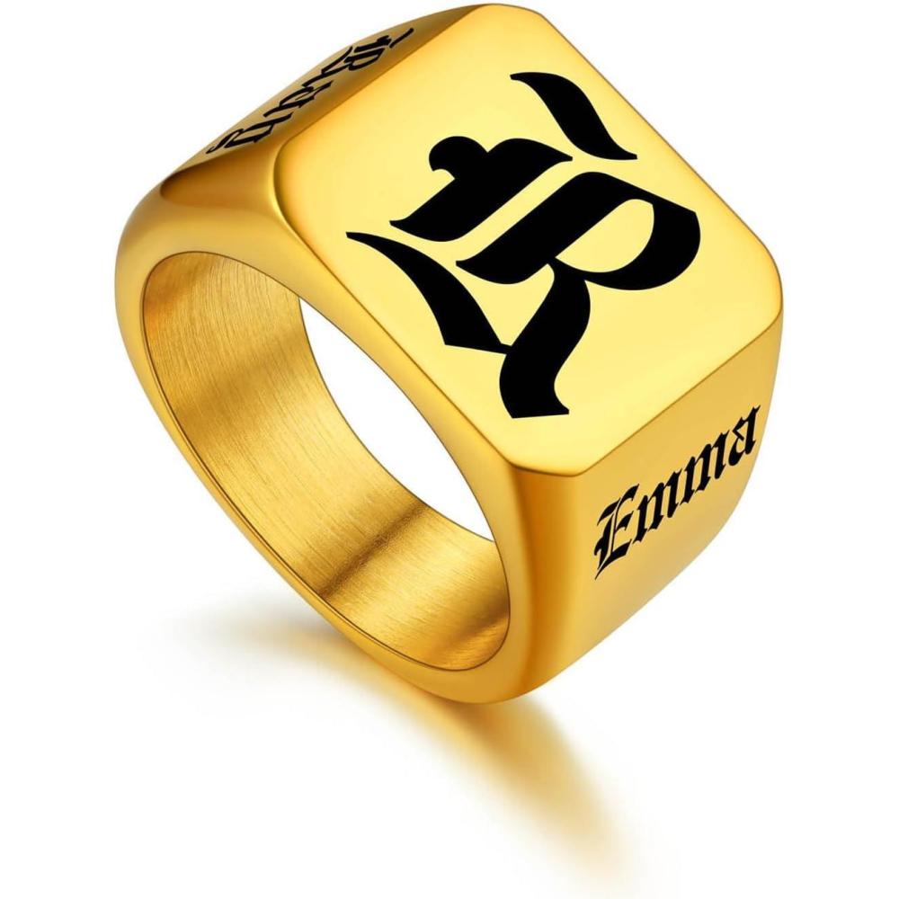 imageU7 Personalized Signet Rings for Men Women Stainless Steel18K Gold PlatedBlack Engraved Ring Custom Initial Ring Gifts for Boys Father03SquareGold
