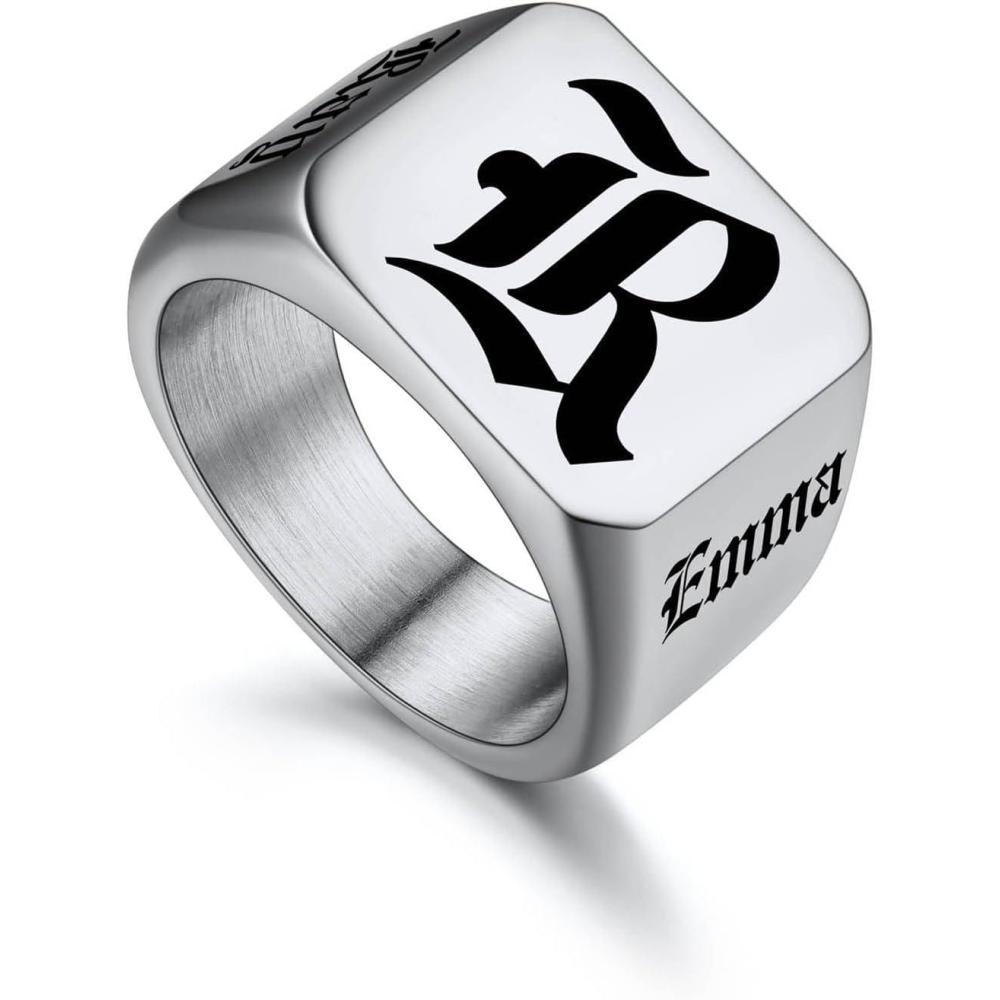 imageU7 Personalized Signet Rings for Men Women Stainless Steel18K Gold PlatedBlack Engraved Ring Custom Initial Ring Gifts for Boys Father03SquareSteel
