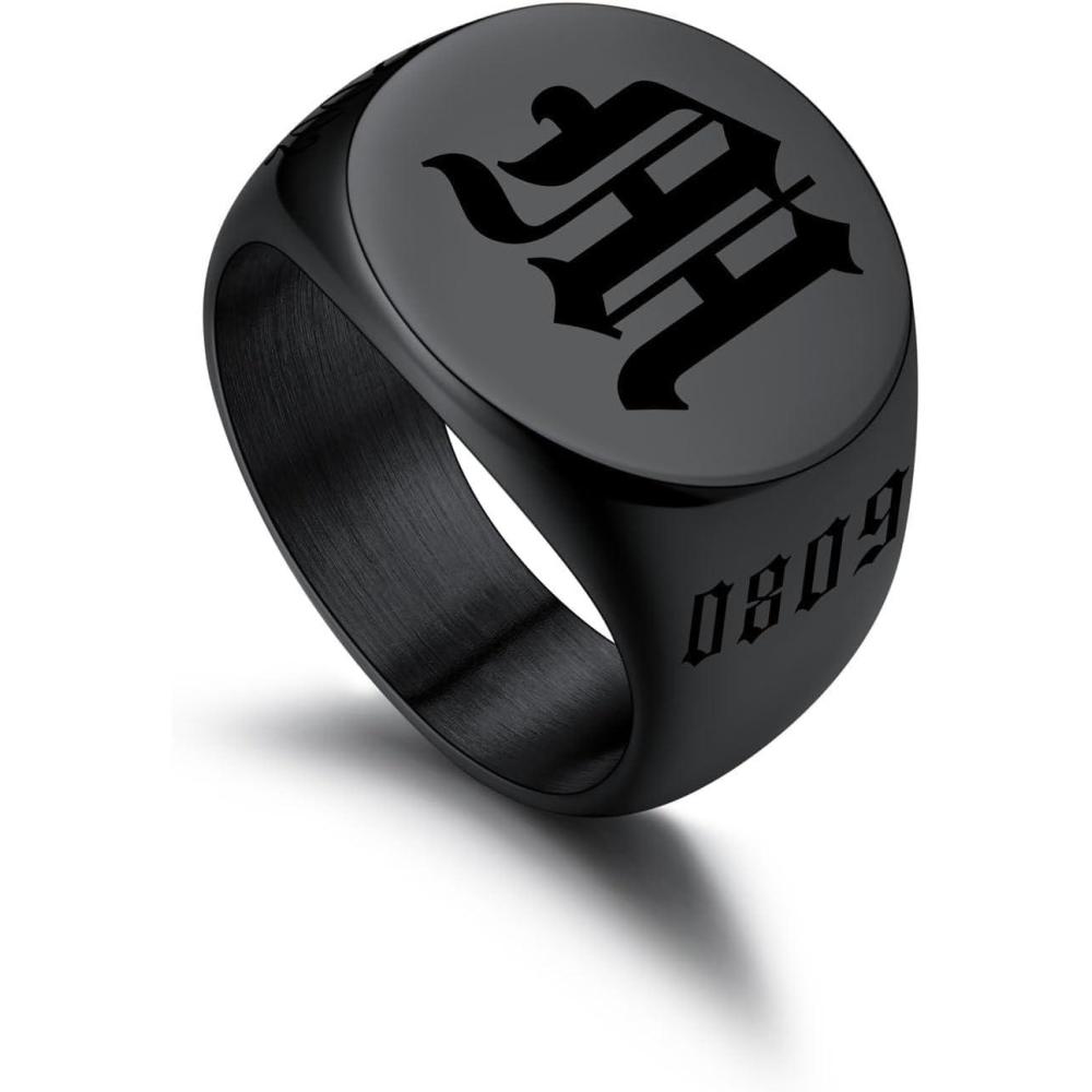 imageU7 Personalized Signet Rings for Men Women Stainless Steel18K Gold PlatedBlack Engraved Ring Custom Initial Ring Gifts for Boys Father04RoundBlack