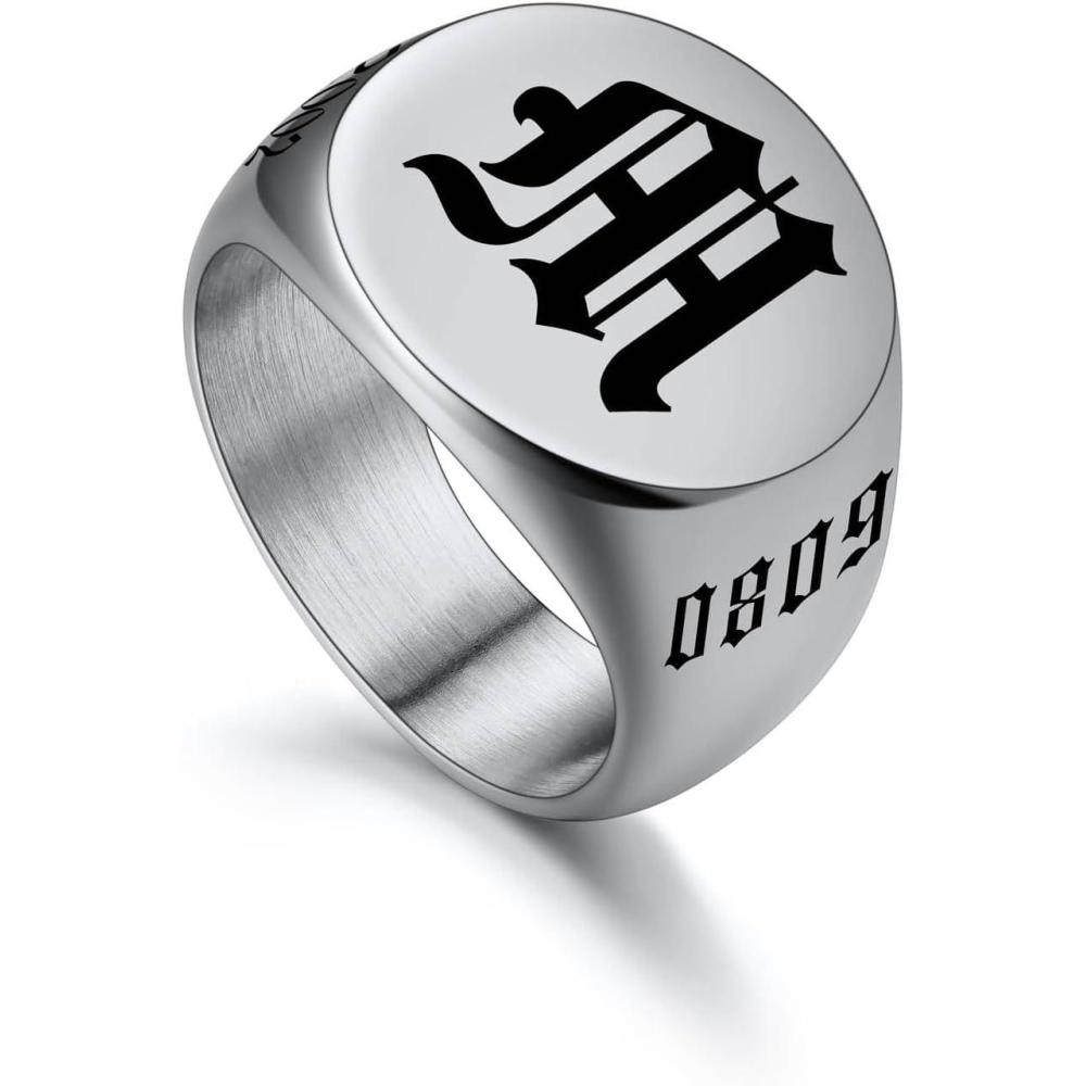 imageU7 Personalized Signet Rings for Men Women Stainless Steel18K Gold PlatedBlack Engraved Ring Custom Initial Ring Gifts for Boys Father04RoundSteel