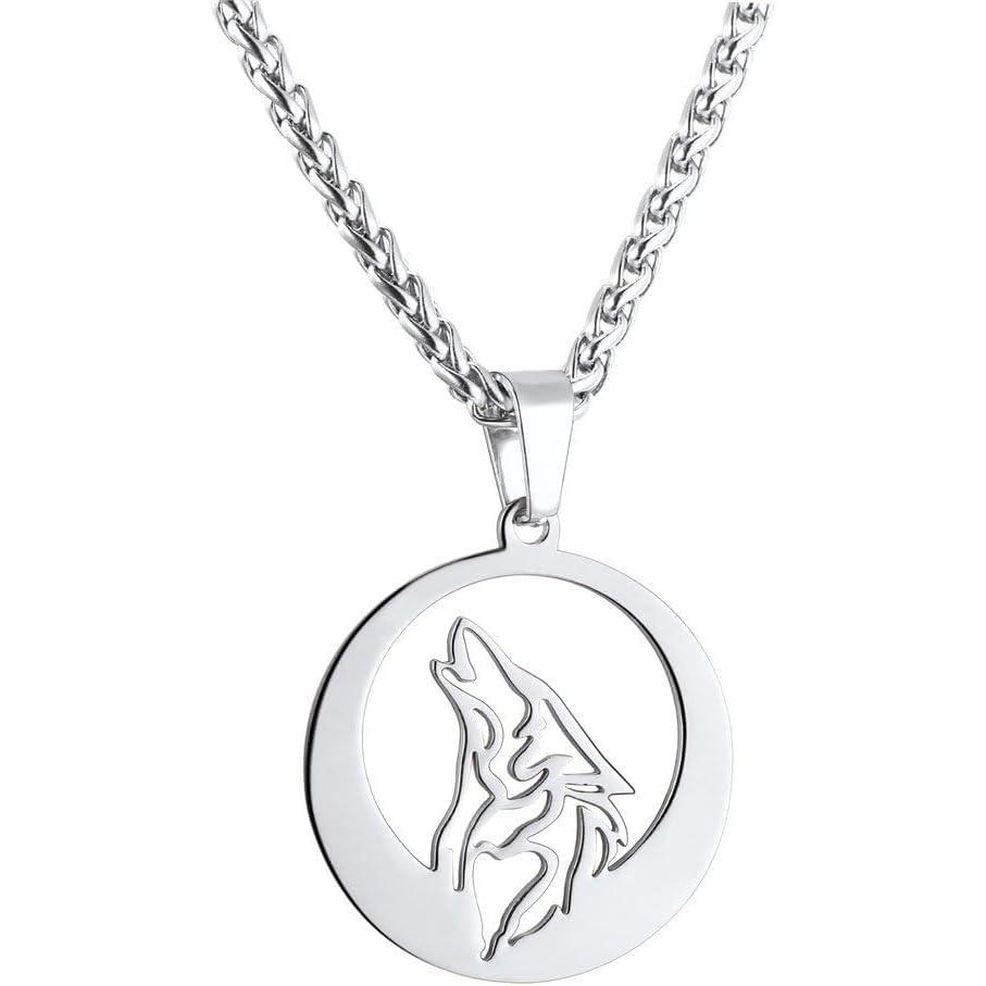 imageU7 Punk ChameleonEagleDragonHawkWolf Necklaces for Men Women Retro Black Stainless Steel Animal Pendant Personalized Jewelry Gift Cool Necklace with 22 Inch Chain01Round WolfStainless Steel