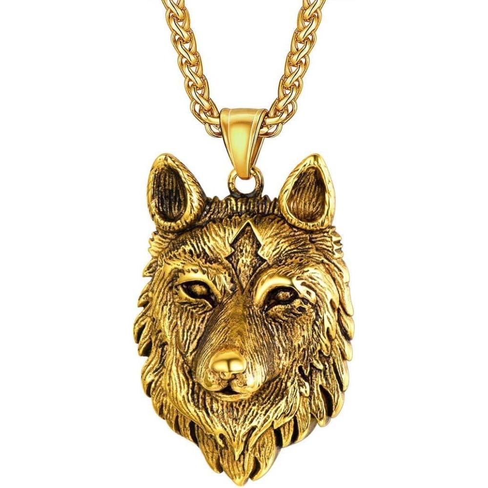 imageU7 Punk ChameleonEagleDragonHawkWolf Necklaces for Men Women Retro Black Stainless Steel Animal Pendant Personalized Jewelry Gift Cool Necklace with 22 Inch Chain06Wolf HeadGold