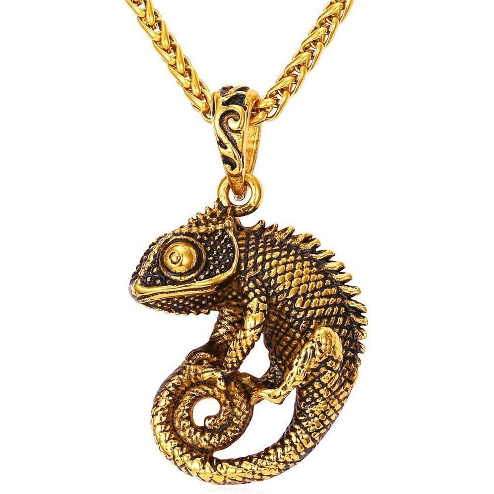 imageU7 Punk ChameleonEagleDragonHawkWolf Necklaces for Men Women Retro Black Stainless Steel Animal Pendant Personalized Jewelry Gift Cool Necklace with 22 Inch Chain04ChameleonGold