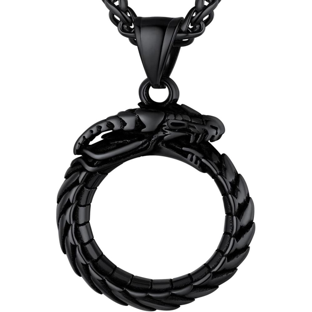 imageU7 Punk ChameleonEagleDragonHawkWolf Necklaces for Men Women Retro Black Stainless Steel Animal Pendant Personalized Jewelry Gift Cool Necklace with 22 Inch Chain05Ouroboros DragonBlack